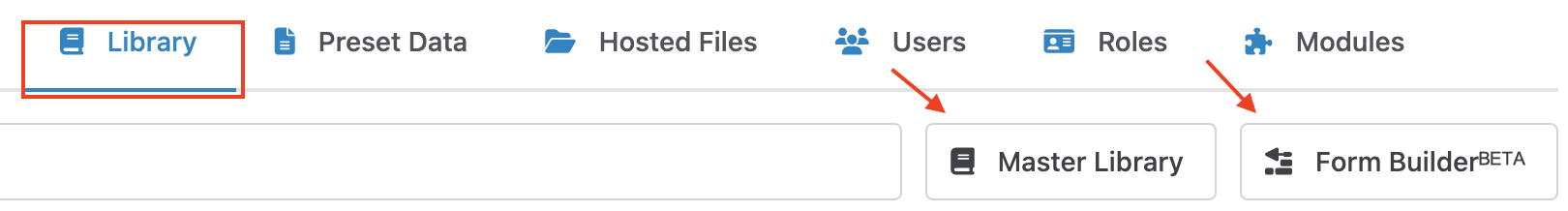 Library tab with Form Builder import buttons