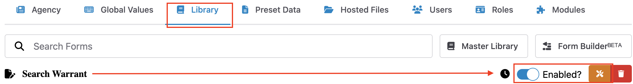 The agency Library showing forms and the tools button
