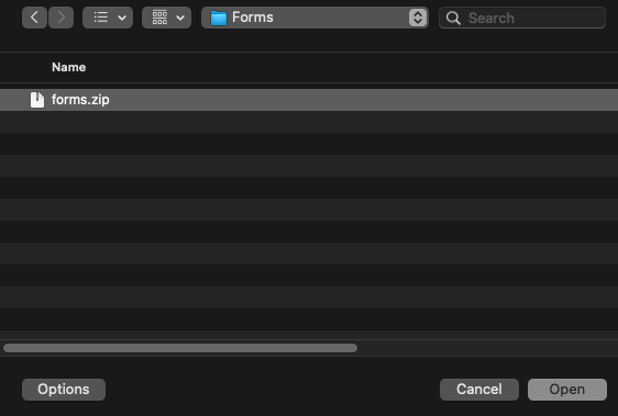 Selecting the ZIP file for upload